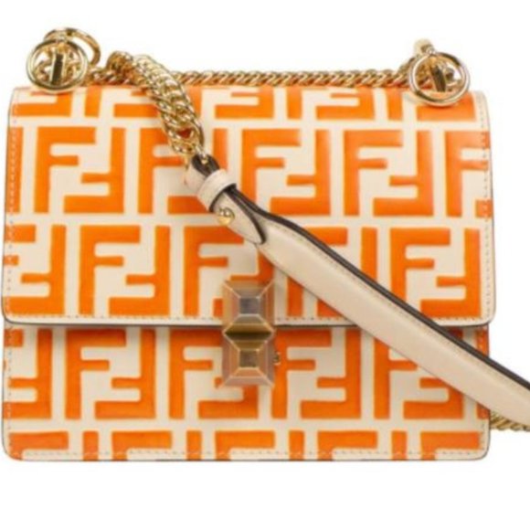 Fendi Kan I White/Orange Ff Chain Strap Small White Leather Shoulder Bag - Picture 1 of 9